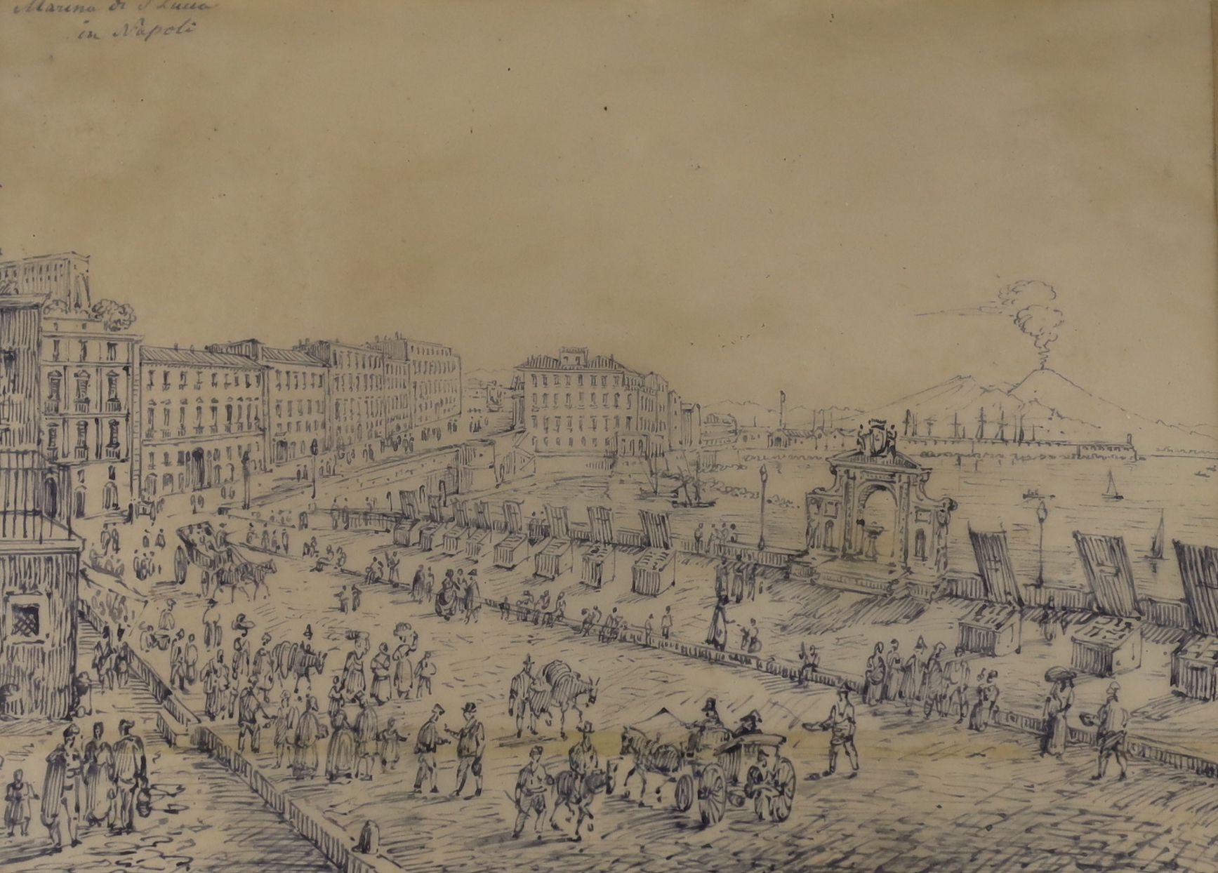 19th century Neapolitan School, two pen and ink drawings, Naples views, each inscribed, largest 17 x 24cm